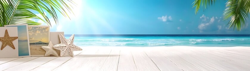 Fototapeta premium Serene Tropical Beach Scene with Decorative Starfish and Summer Postcards on White Wooden Deck