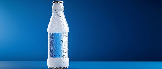 Clear Glass Water Bottle with Condensation on a Blue Background Suitable for Beverage Advertising