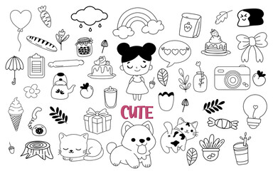 Fototapeta premium Cute kawaii doodle line art decoration clipart set