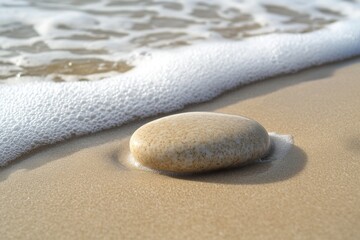 Obraz premium Flat smooth beach stone on sand with gentle waves tranquil coastal setting photography calming ocean view natural beauty concept
