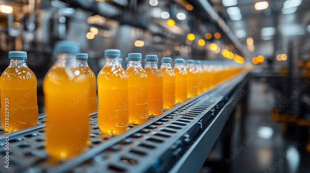 Aufkleber Brightly colored bottles of citrus-flavored drinks are steadily moving through a sleek production line in a bustling factory during the evening hours, reflecting innovation and efficiency