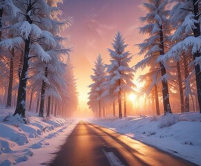 Snow covered trees stand tall as a warm road stretches towards a vibrant sunrise , nature, sky, trees