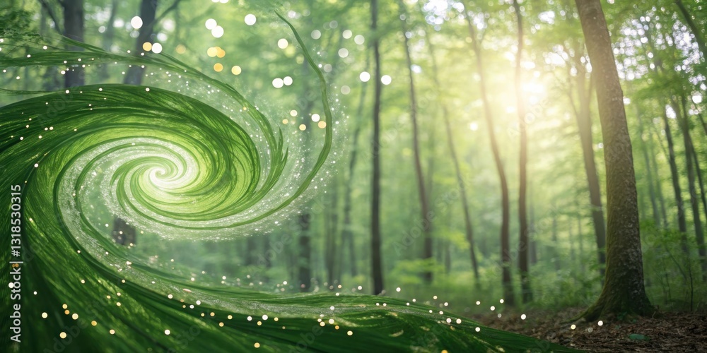 Poster a mesmerizing green spiral emerges from a sun-dappled forest, its delicate layers illuminated by sof