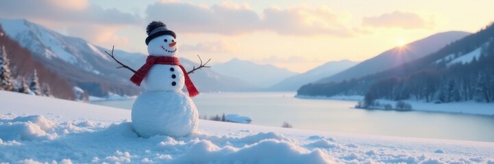 Obraz premium Snowman stands alone in winter landscape with rolling hills and frozen lake in background, winter scenery, snowman