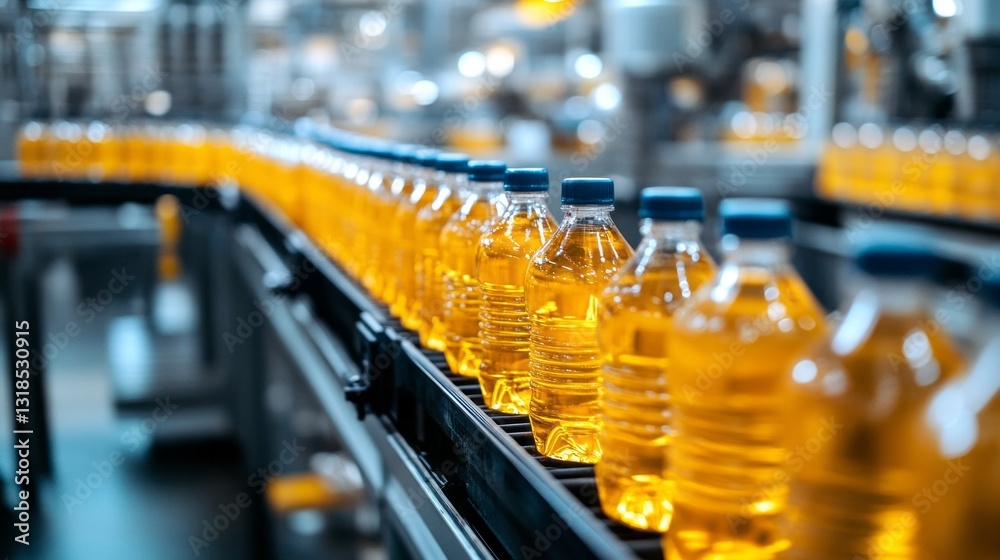 Poster bottles filled with golden liquid glisten as they travel along a conveyor belt in a bustling factory