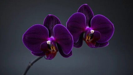 Dark orchid blooms with violet dots against muted grey background, darkorchid, flowerpower