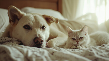 Fototapeta premium An whiteb dog and a small white cat, lying in the bed room with a white bed, in a well-lit environment, happy mood, photography style, 