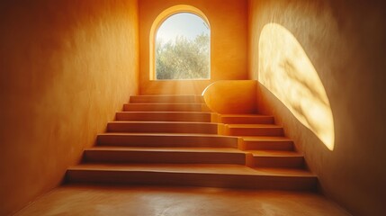 Warm light through an arched window softly highlights a staircase, creating tranquility