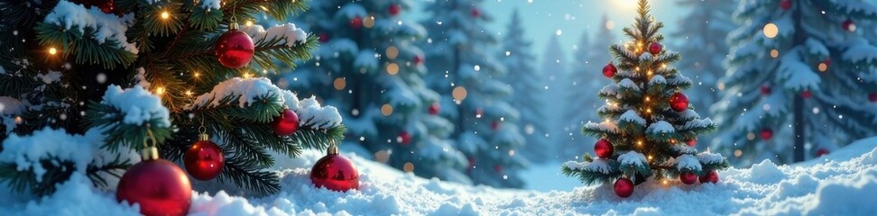 Snowy winter wonderland with Christmas tree and ornaments, white, tree, decorations