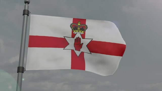 northern ireland country flag waving with pole in cloudy background