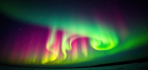 Obraz premium Vibrant green aurora borealis dancing across a star-studded night sky, natural, vibrant