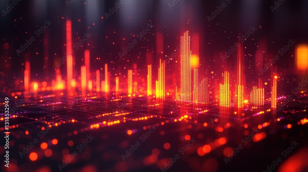 Poster vibrant abstract visualization of sound waves and data patterns in a digital landscape setting