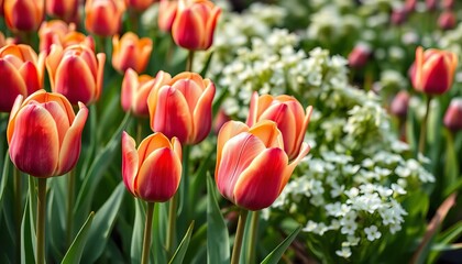 Fototapeta premium Lush spring tulips blooming in a garden, alongside delicate white blossoms , forest, countryside