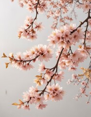 Obraz premium Soft peach hues with delicate cherry blossoms and golden leaves on white background , botanical , watercolor