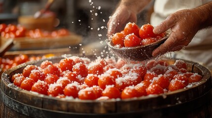 Hands deftly chop fresh tomatoes and season with salt in a vibrant culinary space