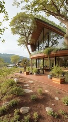 Fototapeta premium Cozy house nestled among tall trees in a serene forest setting surrounded by nature's beauty