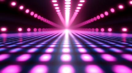 A glowing neon grid in shades of blue and purple, stretching into the horizon over a black background.