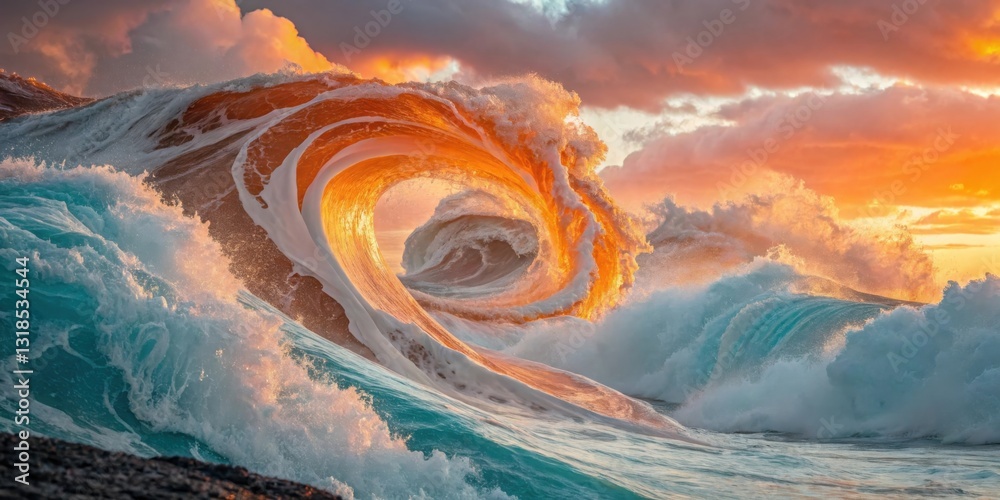 Aufkleber a golden wave cresting at sunset, creating a circular frame against a backdrop of turbulent ocean an