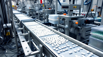 Automated assembly line in a pharmaceutical factory, with pills being sorted and packaged.
