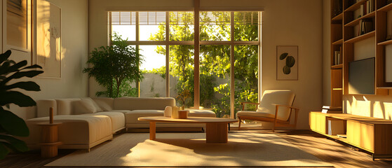 Warm sunlight streams into a modern living room, illuminating a beige sectional sofa and wooden coffee table.  A tranquil atmosphere.