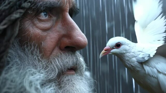In a dramatic moment, Noah observes a dove as it brings a message of hope amidst the relentless rain of the Great Flood. This encounter symbolizes faith and perseverance in adversity