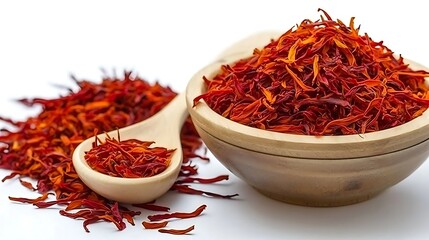 Naklejka premium Bright Red Saffron Spices in Wooden Bowl with Spoon on White Background for Culinary Use and Decoration