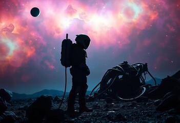 Fototapeta premium Silhouetted figure in advanced spacesuit surveys alien wreckage under a vibrant nebula, exploration, moon