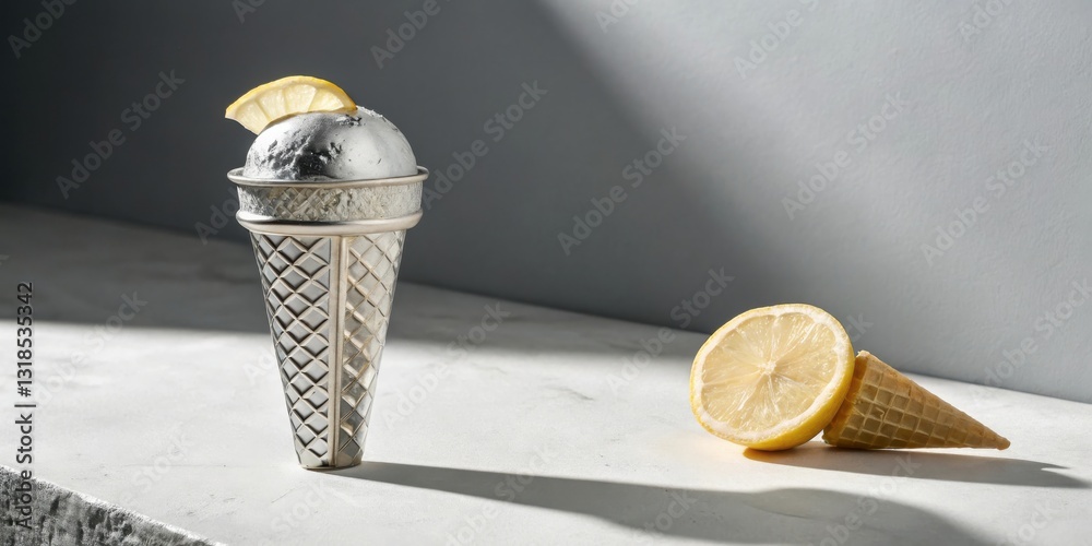 Poster Silver Ice Cream Cone With Lemon Slice On Top And A Lemon Wedge To The Side