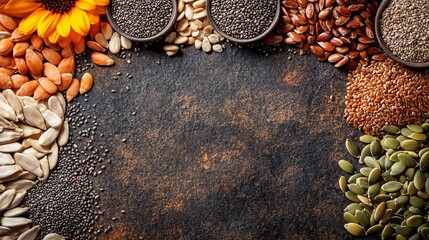 Various seeds and grains arranged on a textured dark surface