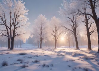Obraz premium Softly glowing snowflakes fall gently on a serene winter landscape, with delicate trees and frosty windows in the background, background, soft glow