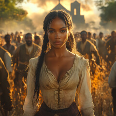 
A cinematic scene of a recently freed African American woman standing proudly in front of a church surrounded by a community of both free and formerly enslaved African Americans.