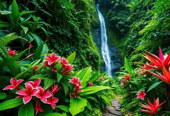 Lush green foliage, vibrant blooms, Manoa Falls trail, exotic tropical plants, ecosystem, green