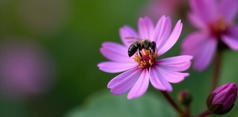 Fototapeta premium Small, dark bee on bright purple Daphne mezereum flower, flowers of daphne, small insect