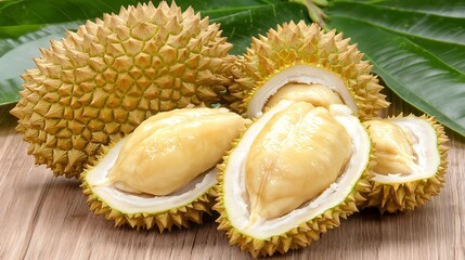 Obraz premium Fresh and Delicious Durian Fruit with Spiky Skin and Soft Yellow Pulp on Wooden Surface