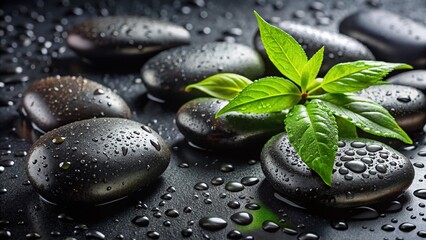 Relaxing Spa Background: Black Stones, Water Droplets & Green Leaves