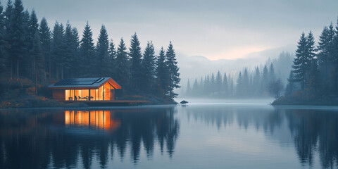 Fototapeta premium A cozy cabin nestled on a tranquil lake, surrounded by misty mountains and towering evergreen trees.