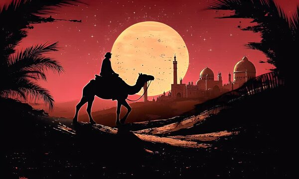 Silhouette of a person riding a camel towards a city at sunset.