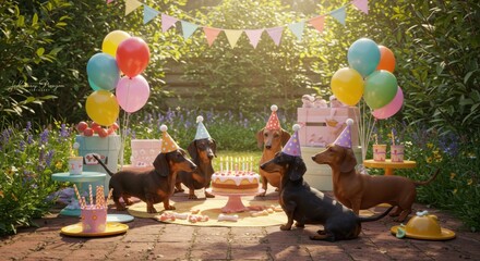 A joyful birthday celebration for dachshunds in a vibrant garden, with colorful decorations and cake