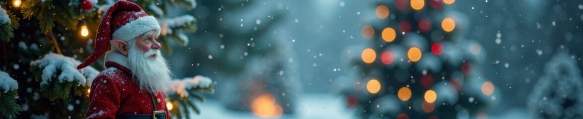 Jolly elf with pointed hat and red coat standing in front of a snowy Christmas tree, red clothing, pointy hat, snowflakes