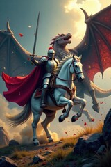 Knight in armor charging at dragon with sword drawn, battle, dragon, medieval