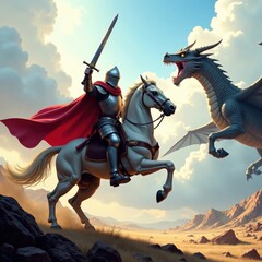Knight in armor charging at dragon with sword and shield , shield, fighting, warrior