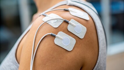 Electrotherapy pads applied to a person's shoulder for pain relief.