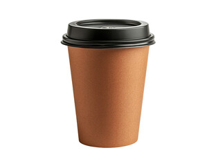 Brown paper coffee cup with black lid, isolated on black background, product shot for coffee shop