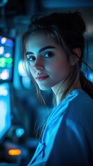 Portrait of a young woman in a healthcare setting with a cool blue light ambiance.