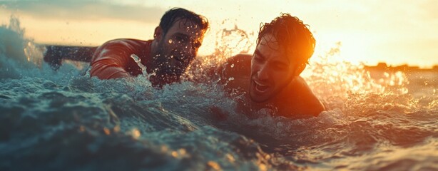 Two men rescue each other from rough ocean waves during a dramatic sunset.