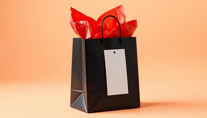 Sleek black gift bag, asymmetrical shape, filled with red tissue, white label, studio shot,  premium