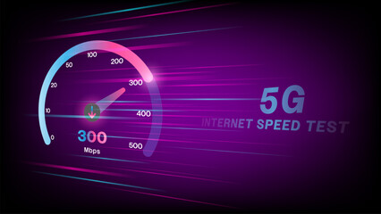 Internet Speed Test ,Download speed test with modern design neon gauge, with glow high speed lines ,software and network performance information arrow bandwidth display interface app internet UI UX © PKartstudio