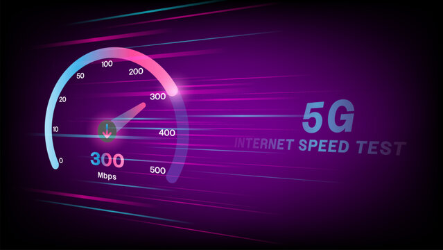 Internet Speed Test ,Download speed test with modern design neon gauge, with glow high speed lines ,software and network performance information arrow bandwidth display interface app internet UI UX