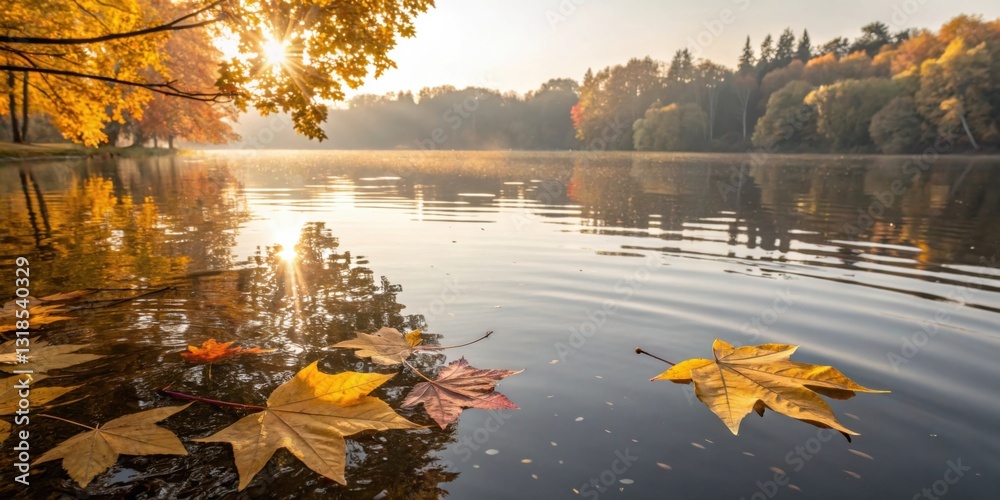 Poster Autumn leaves gently float on the serene surface of a calm lake, illuminated by the warm glow of the setting sun.