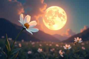 small white flower swaying in gentle breeze under a full moon, swaying, moon, luna